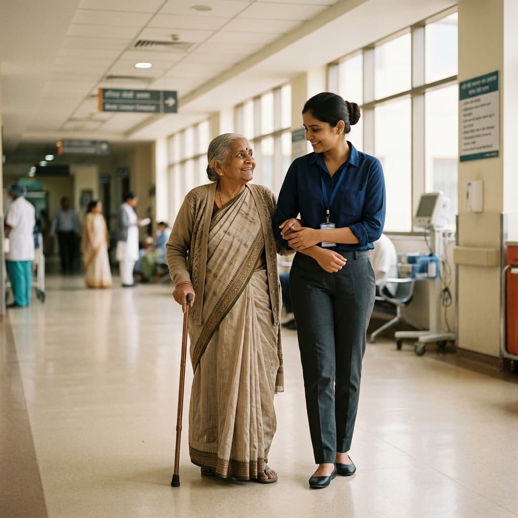 Professional care assistant helping an elderly person during a hospital visit