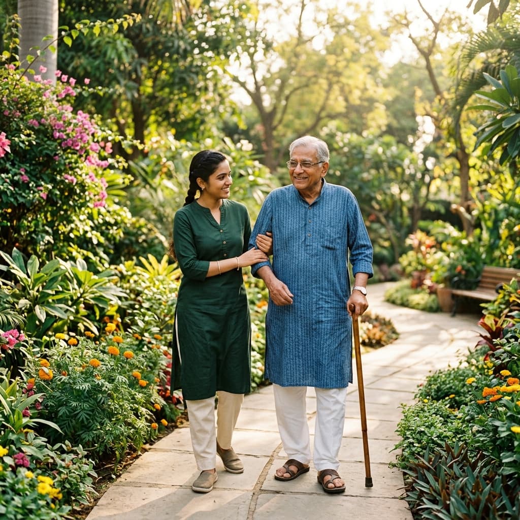 Care assistant helping elderly person during hospital visit