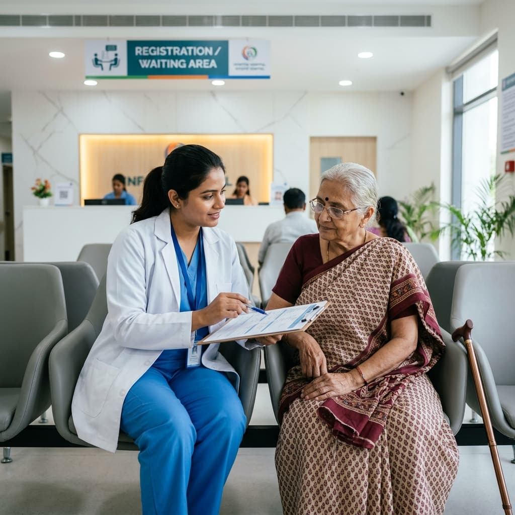 Medical assistant helping patient with paperwork at hospital