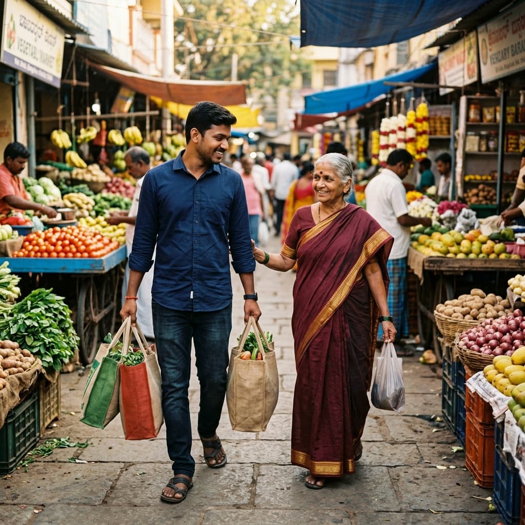 Support assistant helping elderly person with daily errands